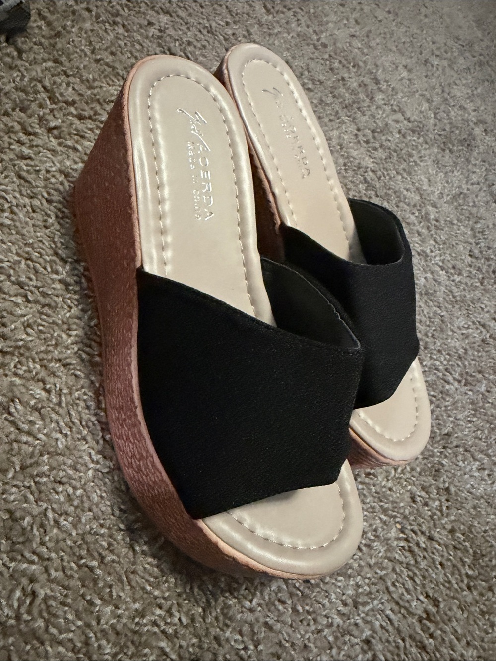 Fergalicious Black and Rose Gold Wedge Slide Sandals